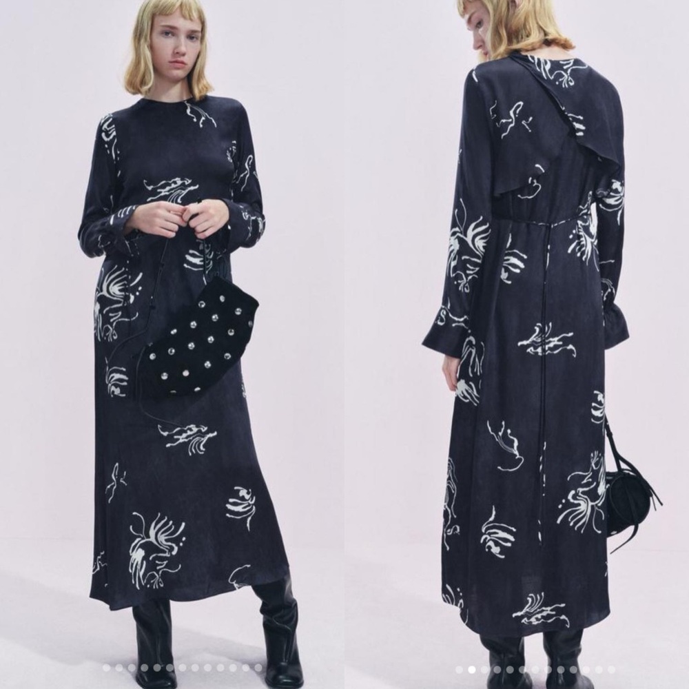 ZARA ZW Navy Blue Midi Tea Length Satin Dress Blogger Favorite Size Large